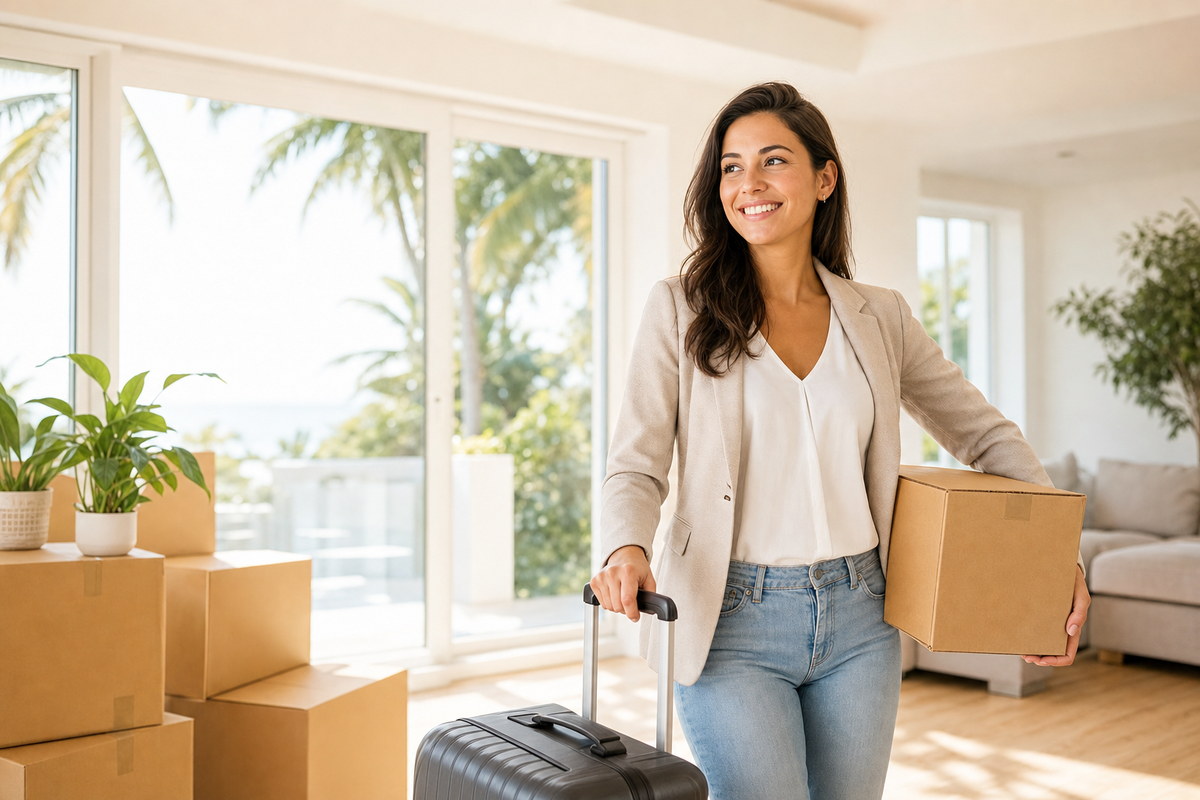 Professional arriving at a new Florida home with moving boxes