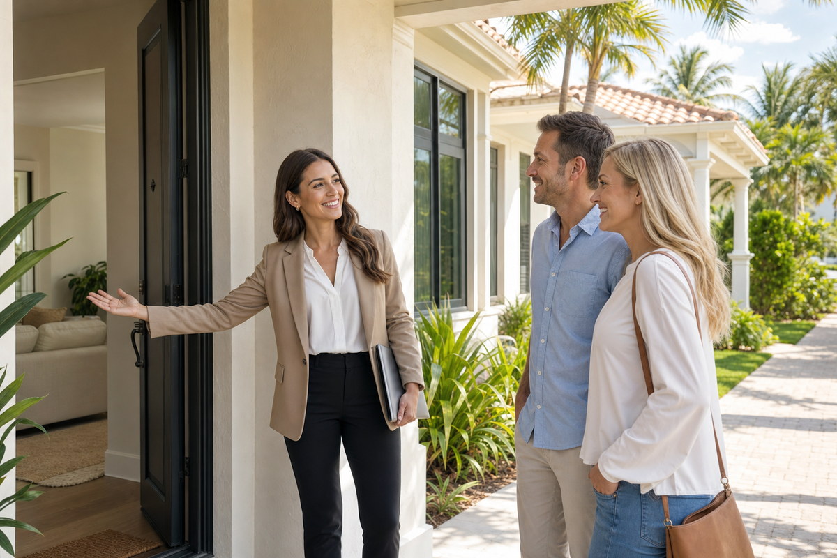Kim welcoming relocating buyers at a Florida home